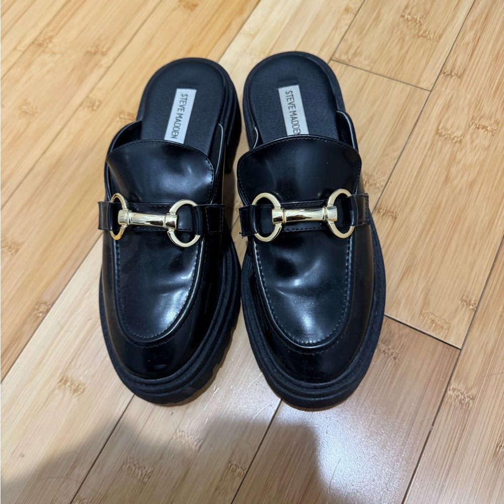 Steve Madden Black Loafers with Gold Buckle - like new!